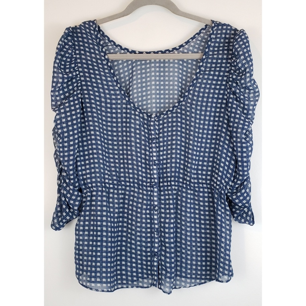 Ecoté | Blue White 3/4 Ruched Sleeves Blouse - Picture 2 of 5